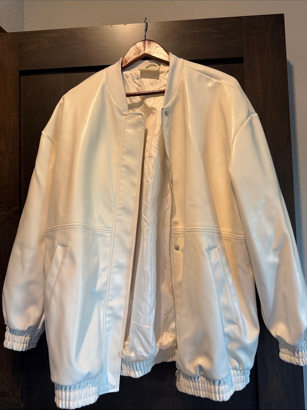 Maeve Cream Vegan Leather Bomber Jacket